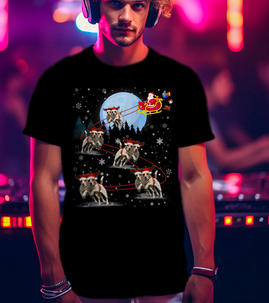 Jack Russell Reindeer Pulling Santa Sleigh Under Moonlit Snowfall T-Shirt