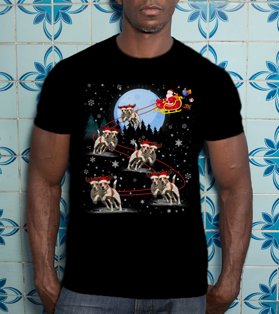 Jack Russell Reindeer Pulling Santa Sleigh Under Moonlit Snowfall T-Shirt