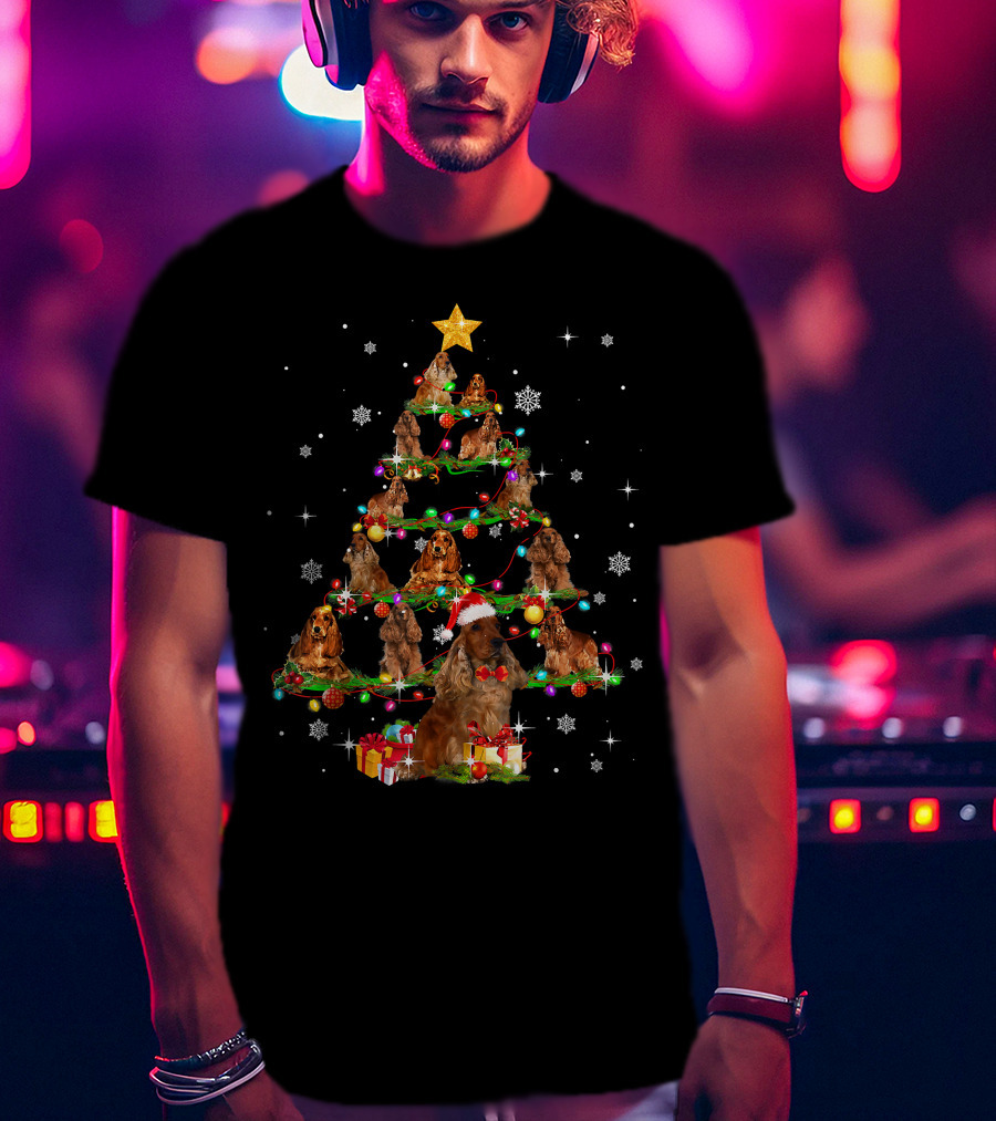 American Cocker Spaniel Christmas Tree Santa Hat Snowflakes Gifts T-Shirt
