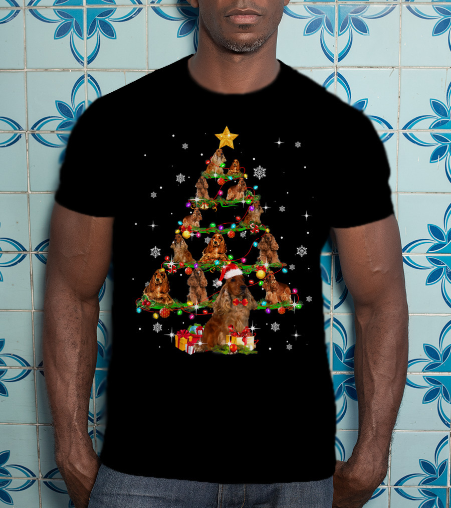 American Cocker Spaniel Christmas Tree Santa Hat Snowflakes Gifts T-Shirt