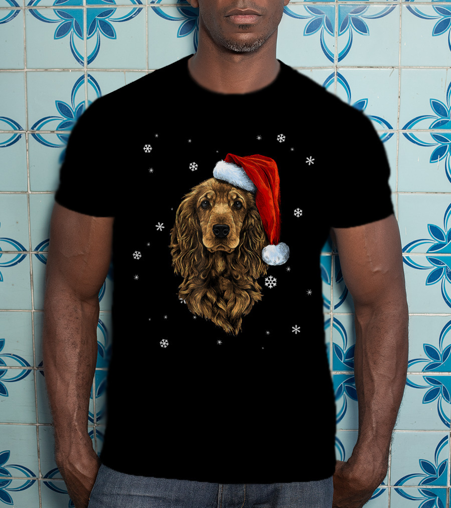 Cocker Spaniel Christmas Dog With Santa Hat And Snowflakes T-Shirt