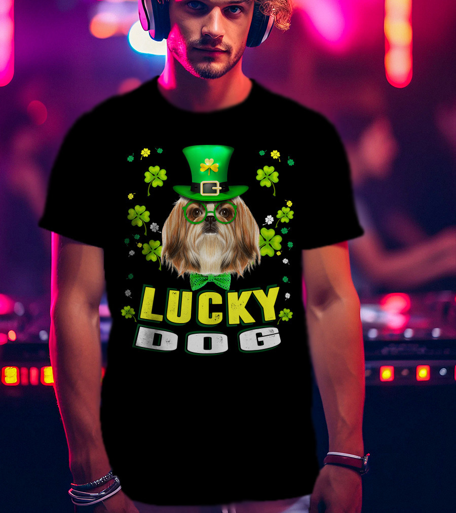 Lucky Dog Shih Tzu Leprechaun Shamrock Festive Green Hat T-Shirt