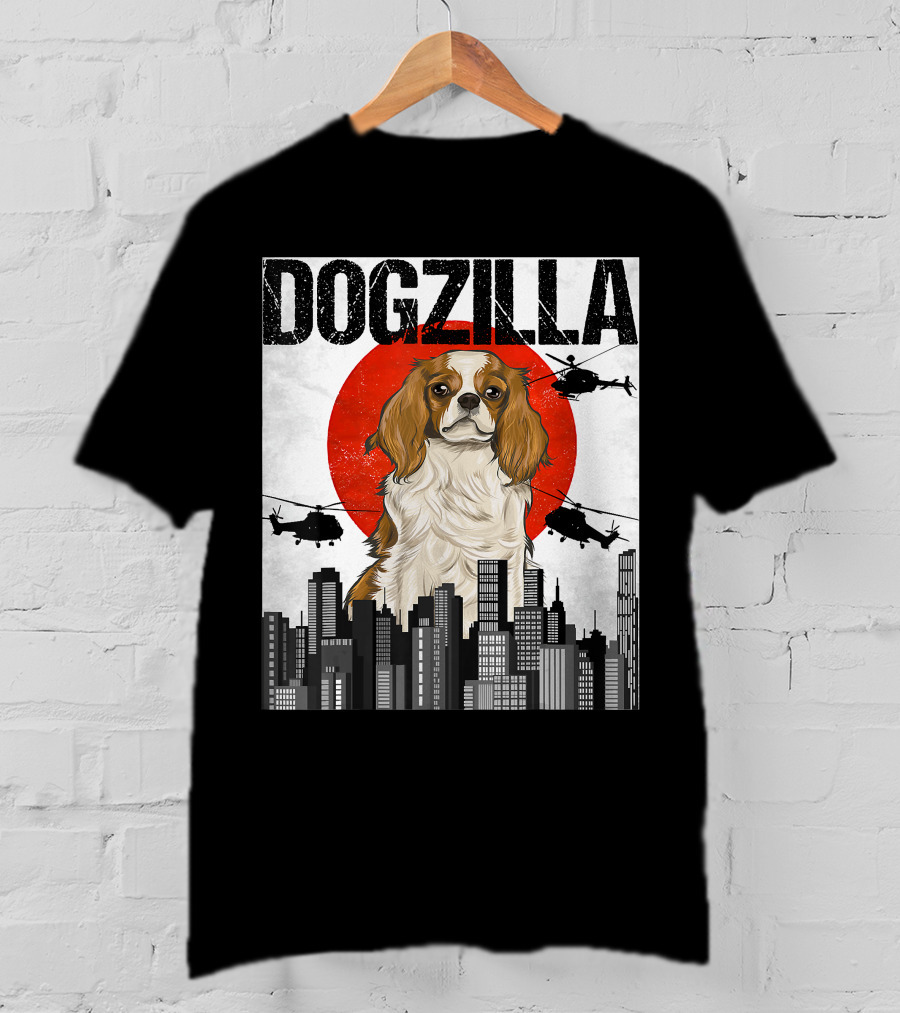 Funny Japanese Dogzilla Cavalier King Charles Helicopter City Skyline T-Shirt