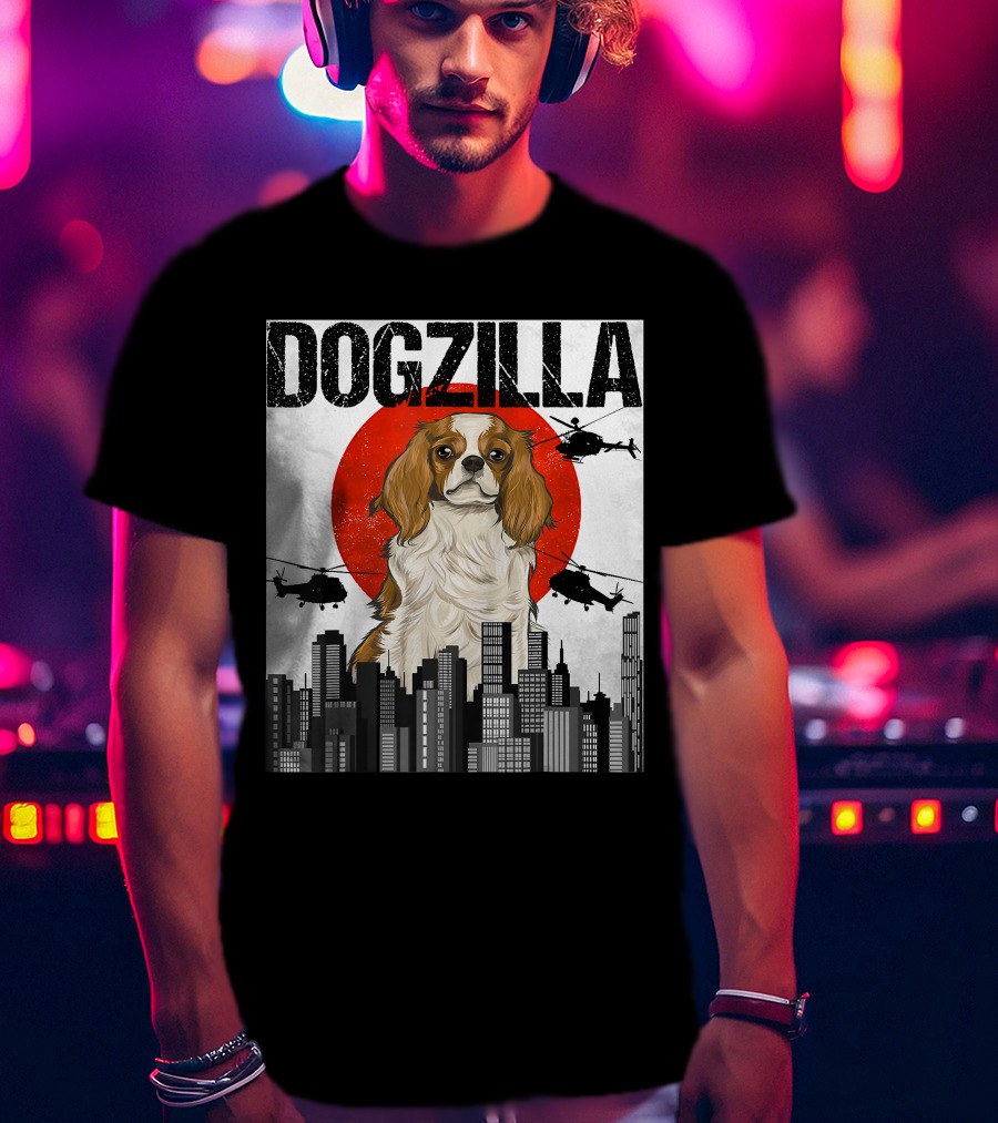 Funny Japanese Dogzilla Cavalier King Charles Helicopter City Skyline T-Shirt