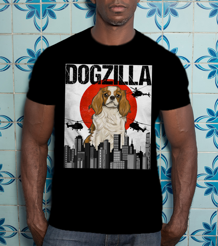 Funny Japanese Dogzilla Cavalier King Charles Helicopter City Skyline T-Shirt