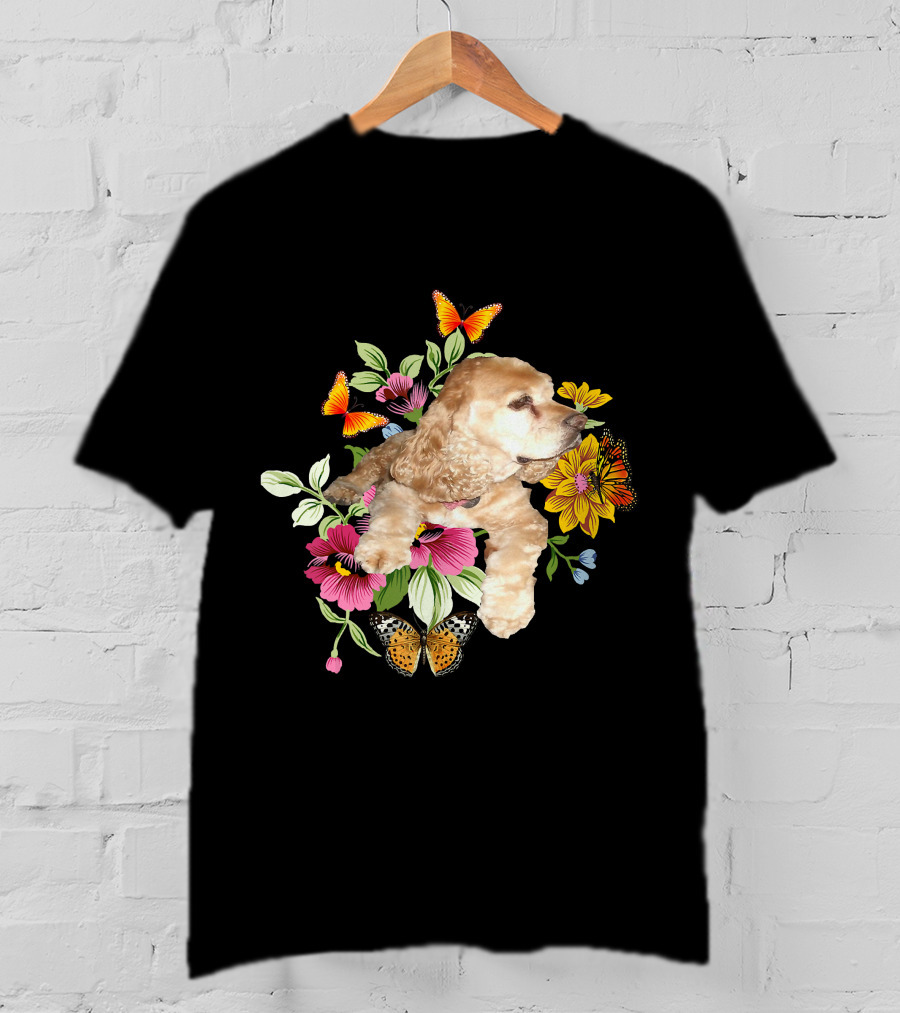 Cocker Spaniel Floral Background Butterflies Loyal Family T-Shirt