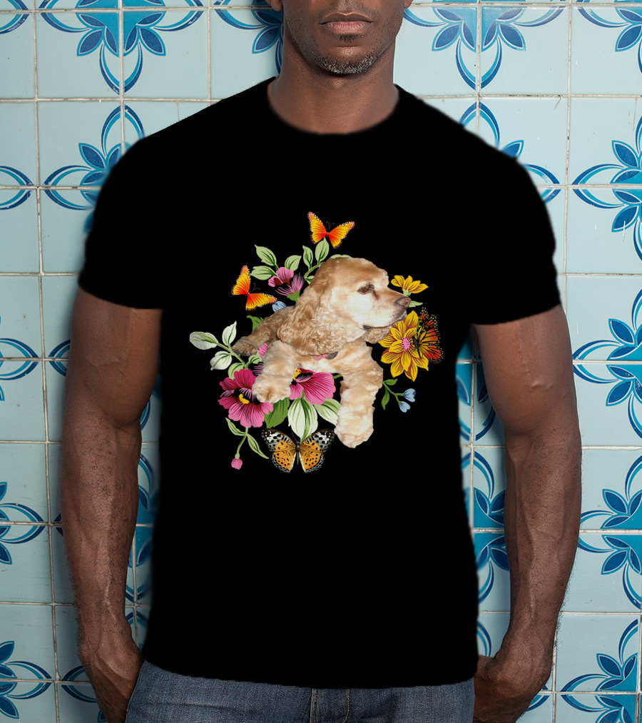 Cocker Spaniel Floral Background Butterflies Loyal Family T-Shirt