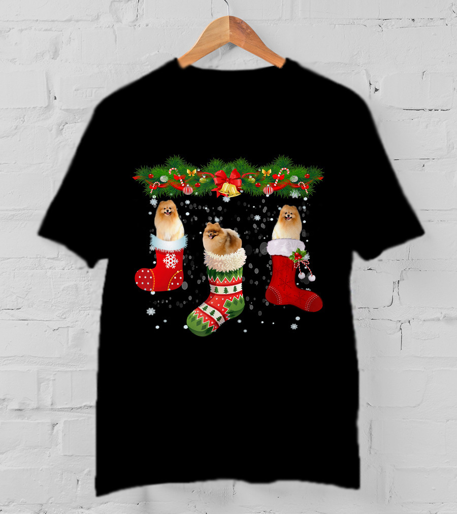 Three Pomeranian Dogs In Christmas Stockings Santa Holiday T-Shirt