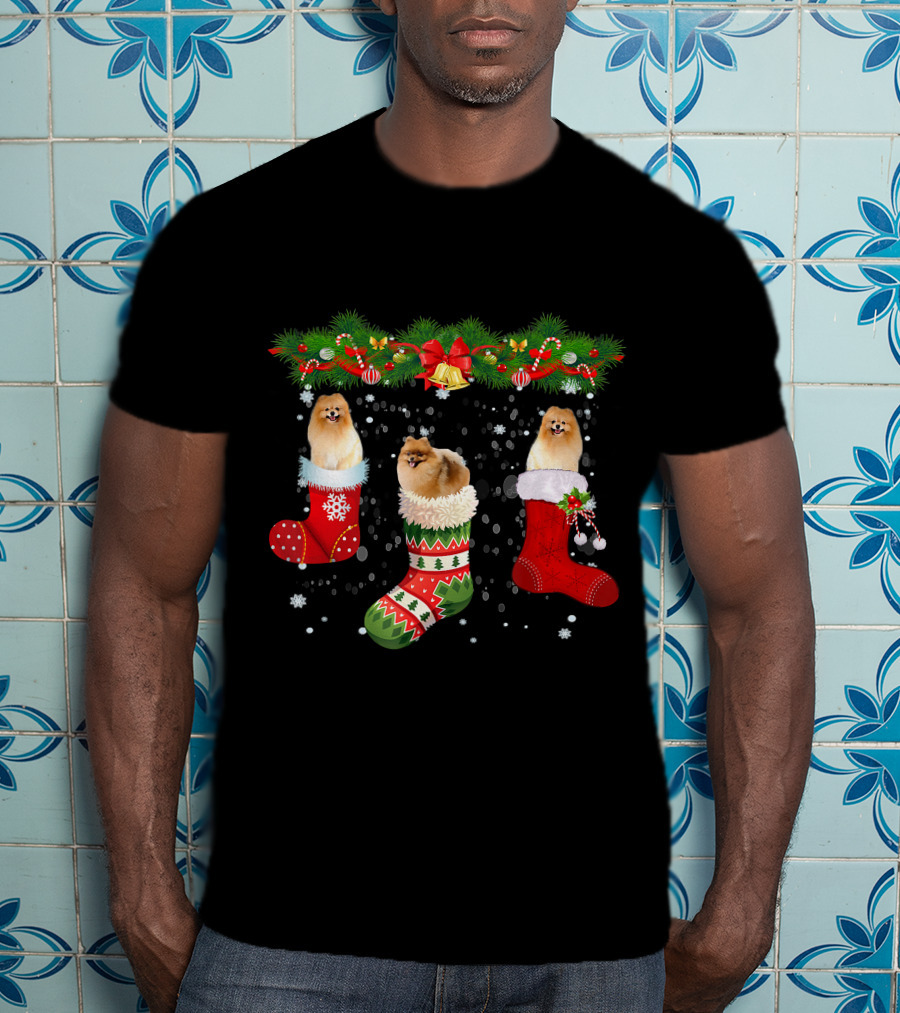 Three Pomeranian Dogs In Christmas Stockings Santa Holiday T-Shirt
