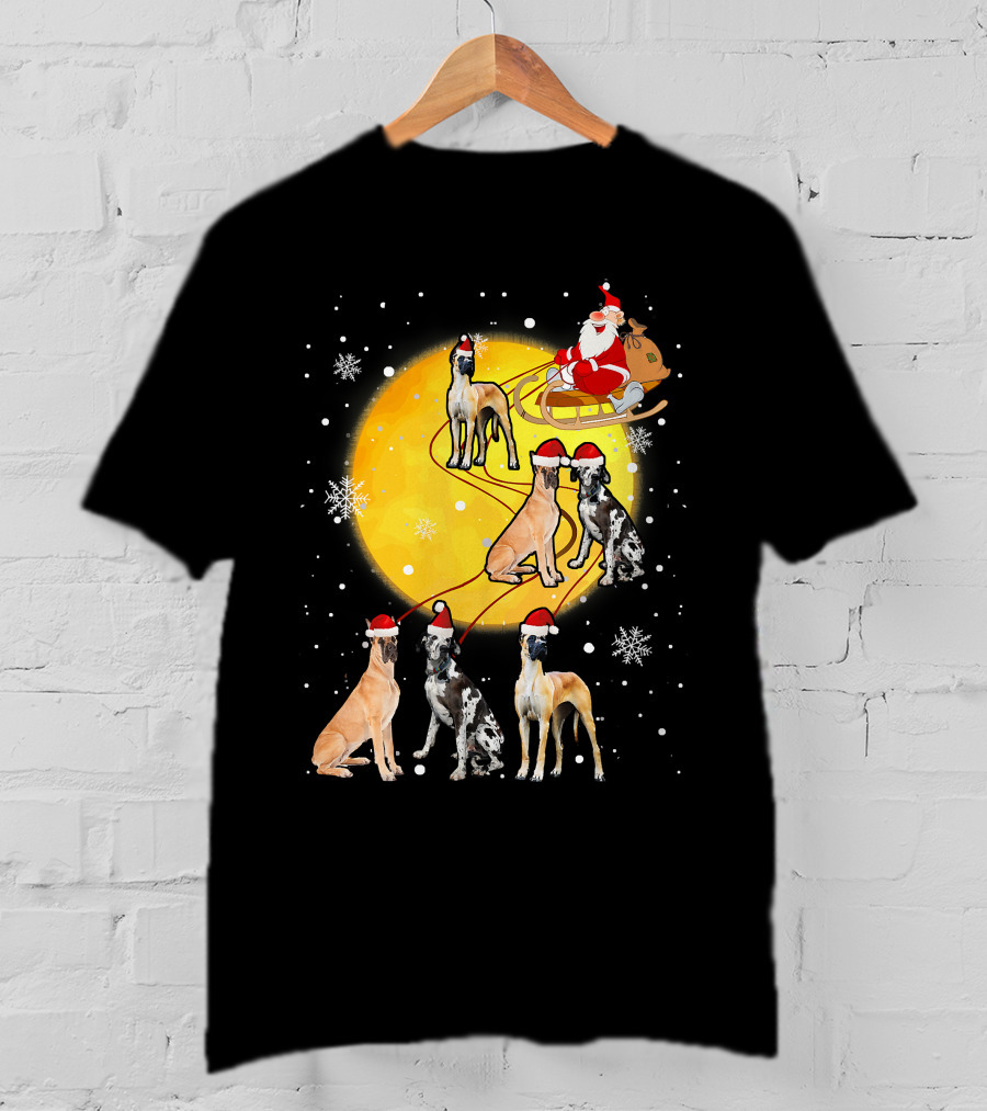 Santa Claus Sleigh Great Dane Reindeer Pack Moon Snowflakes T-Shirt