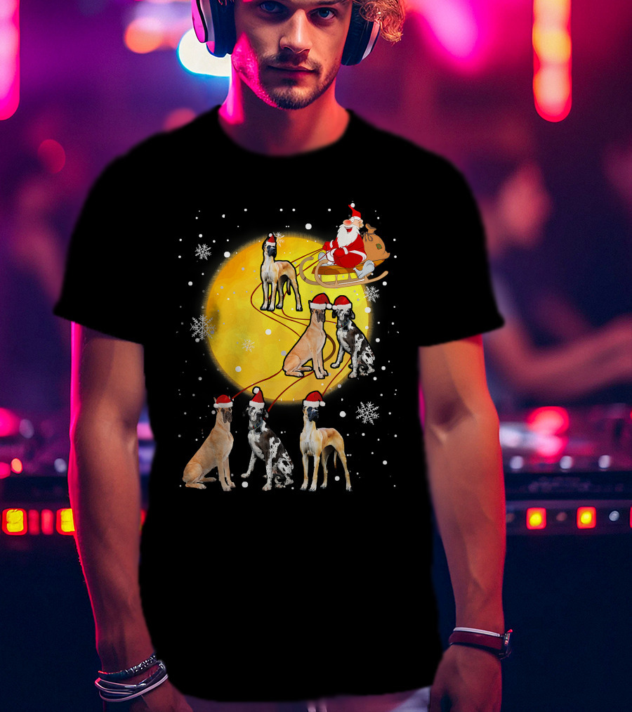 Santa Claus Sleigh Great Dane Reindeer Pack Moon Snowflakes T-Shirt