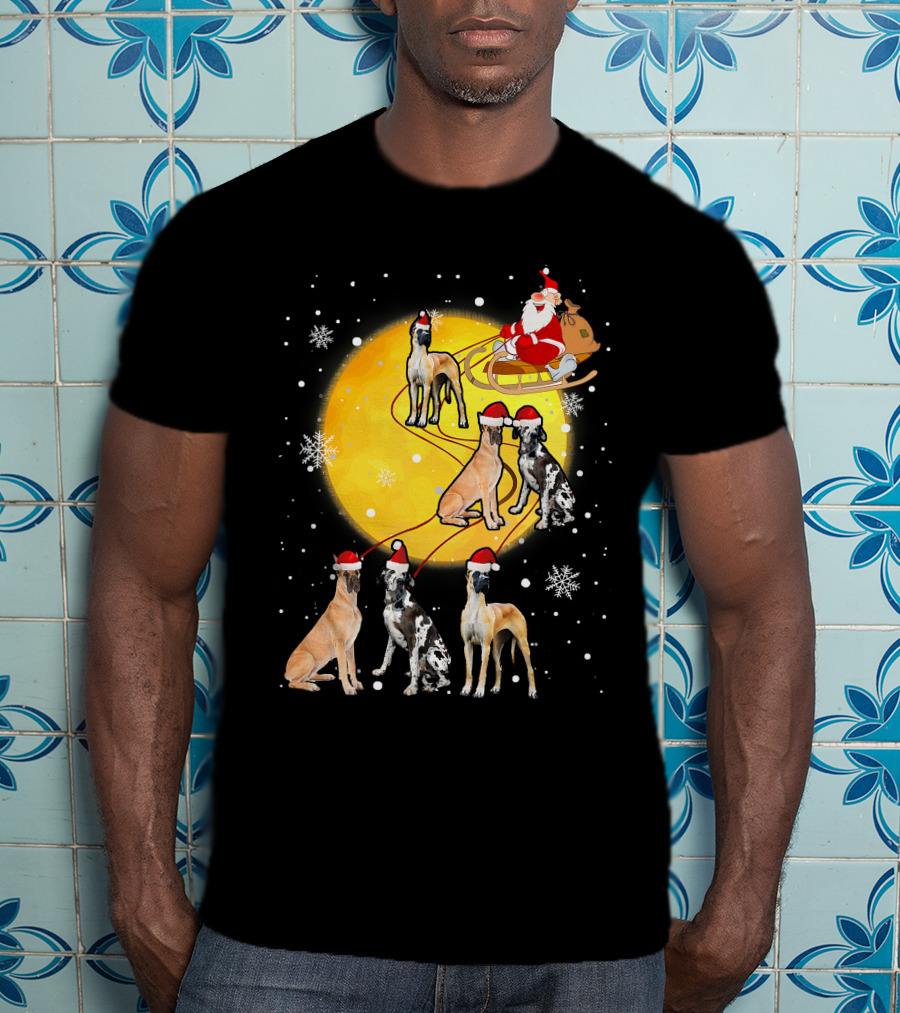 Santa Claus Sleigh Great Dane Reindeer Pack Moon Snowflakes T-Shirt