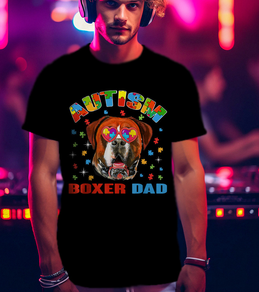 Autism Awareness Boxer Dog Dad With Heart Puzzle Glasses T-Shirt
