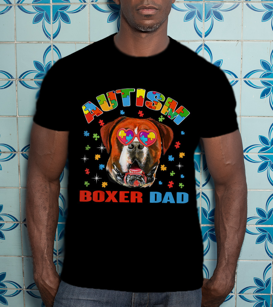 Autism Awareness Boxer Dog Dad With Heart Puzzle Glasses T-Shirt