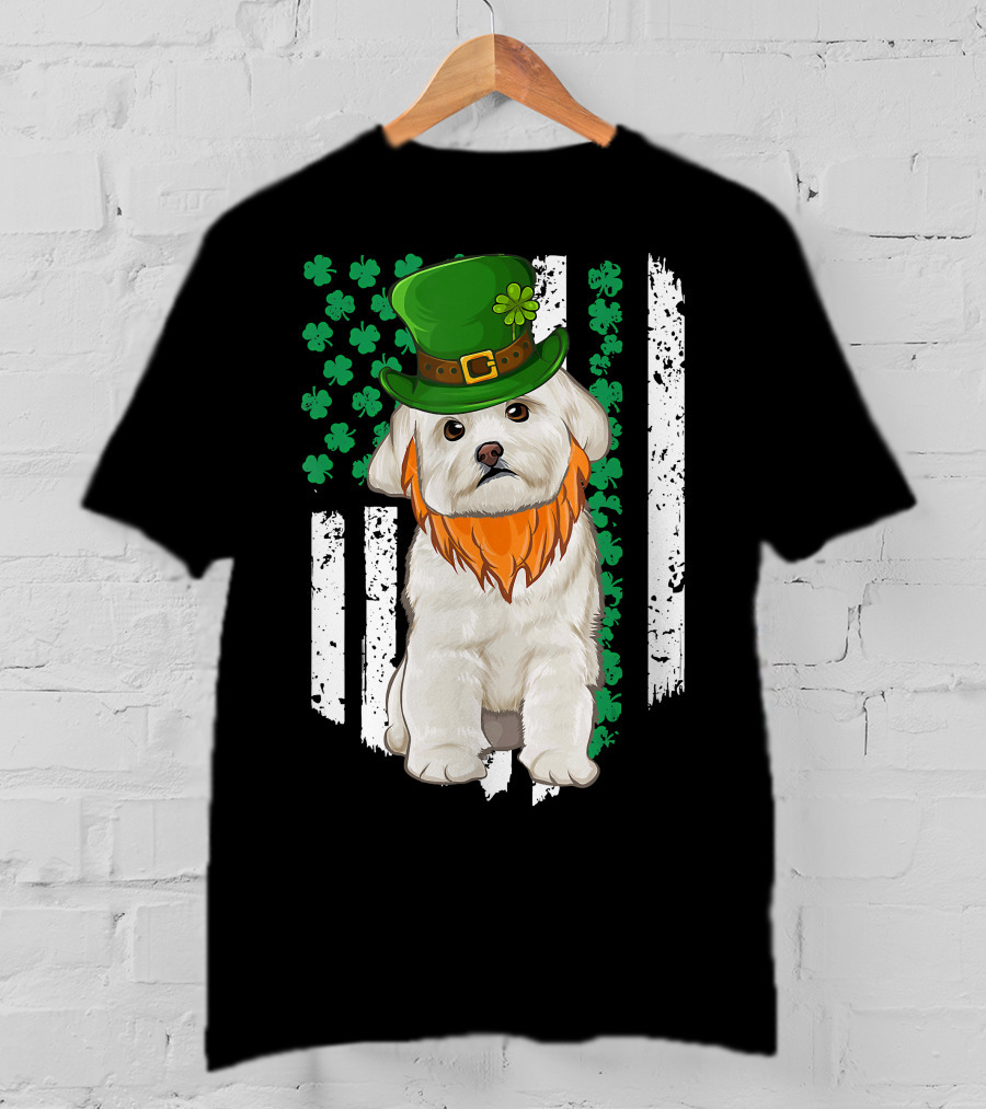 Maltese Dog With Leprechaun Hat And Shamrocks On Irish American Flag For St Patrick's Day T-Shirt