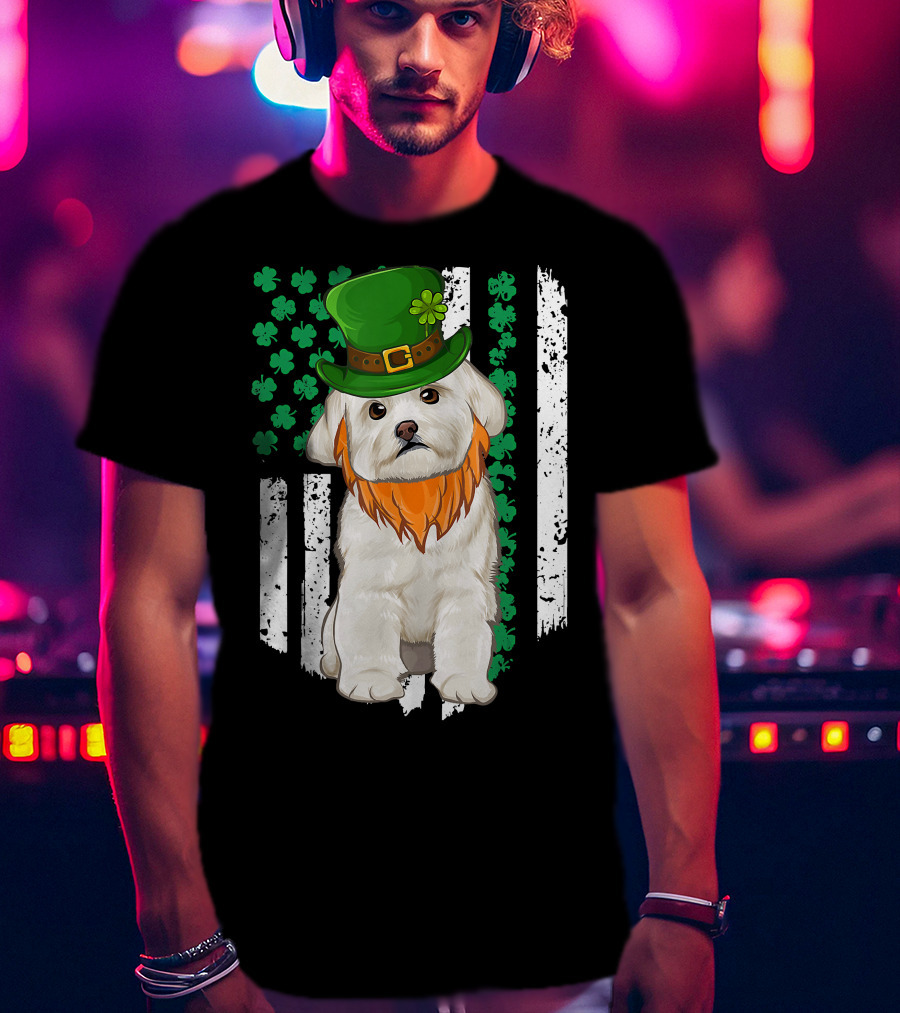 Maltese Dog With Leprechaun Hat And Shamrocks On Irish American Flag For St Patrick's Day T-Shirt