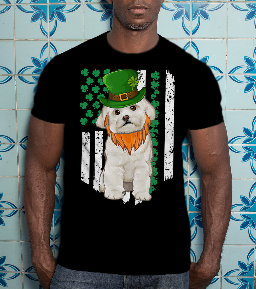 Maltese Dog With Leprechaun Hat And Shamrocks On Irish American Flag For St Patrick's Day T-Shirt
