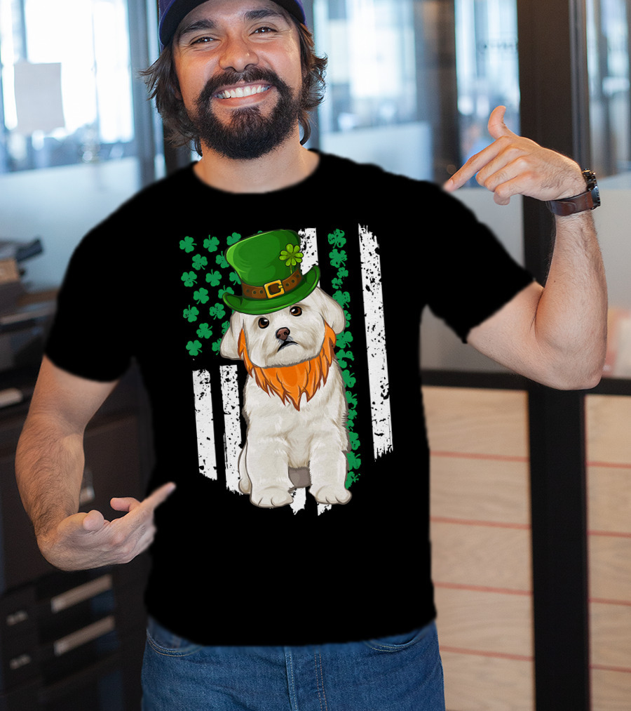 Maltese Dog With Leprechaun Hat And Shamrocks On Irish American Flag For St Patrick's Day T-Shirt