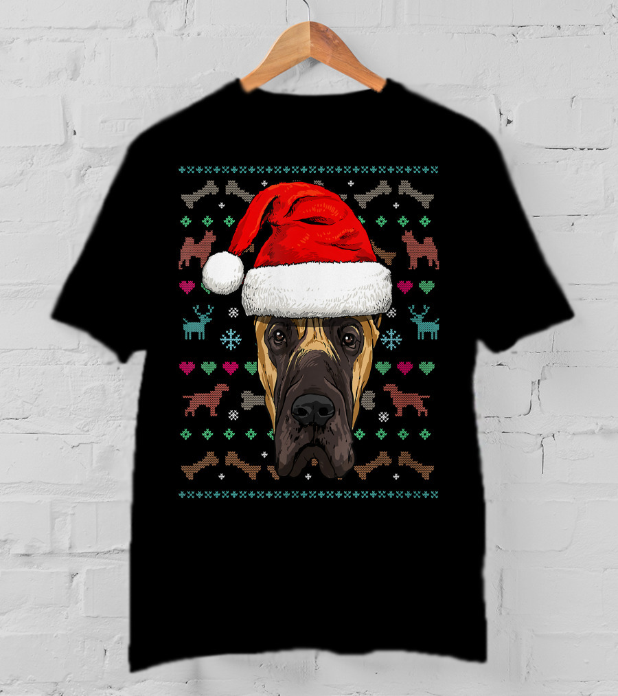 Great Dane Santa Hat Ugly Christmas Dog Reindeer Snowflake Hearts T-Shirt