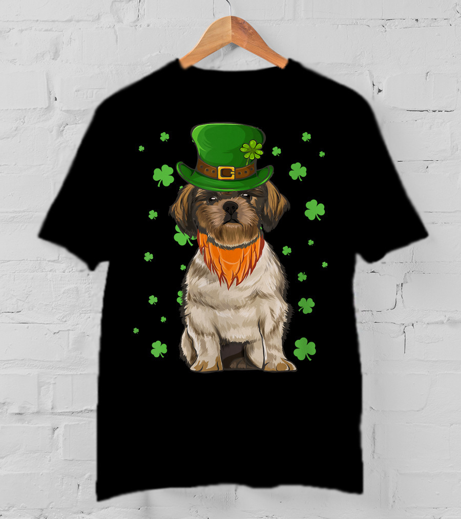 St Patricks Day Shih Tzu Dog With Green Hat And Shamrocks T-Shirt
