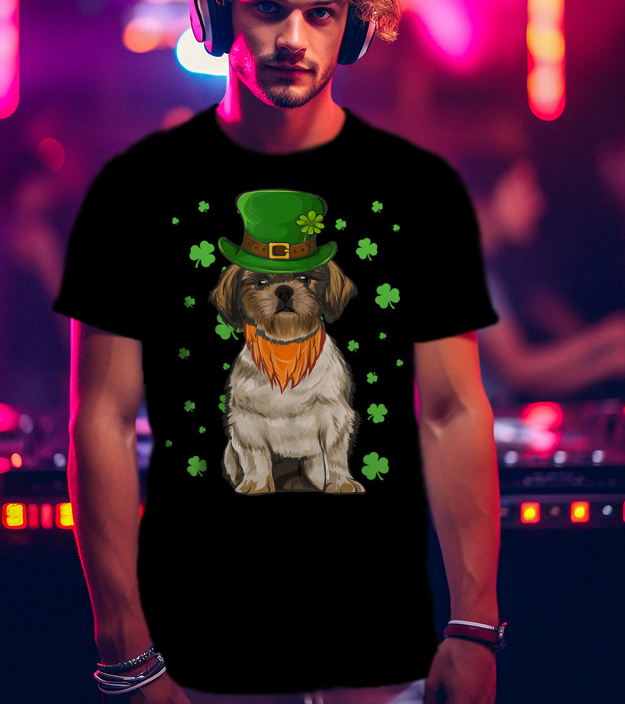 St Patricks Day Shih Tzu Dog With Green Hat And Shamrocks T-Shirt