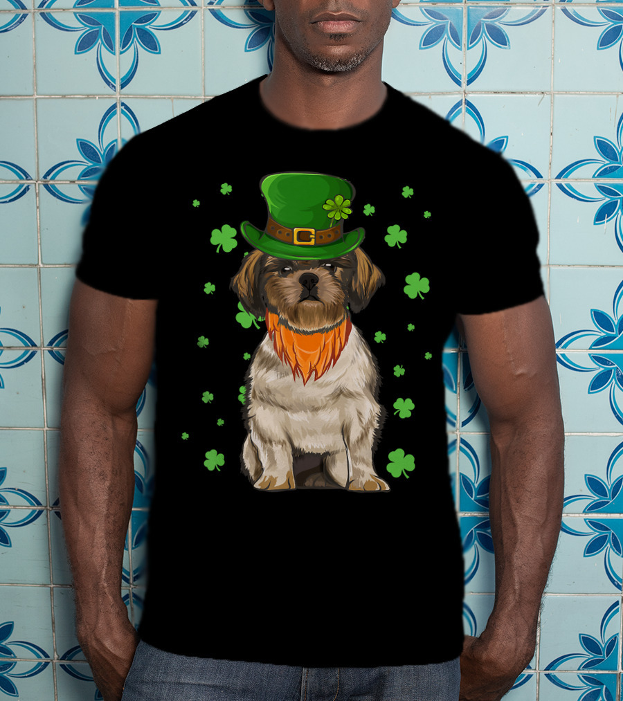 St Patricks Day Shih Tzu Dog With Green Hat And Shamrocks T-Shirt