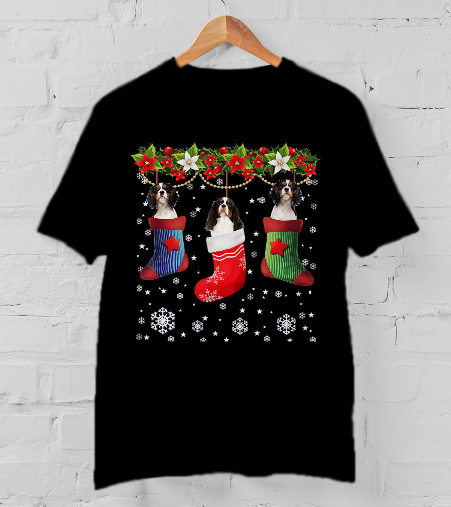 Three Cavalier Dogs In Christmas Stocking Santa Socks T-Shirt