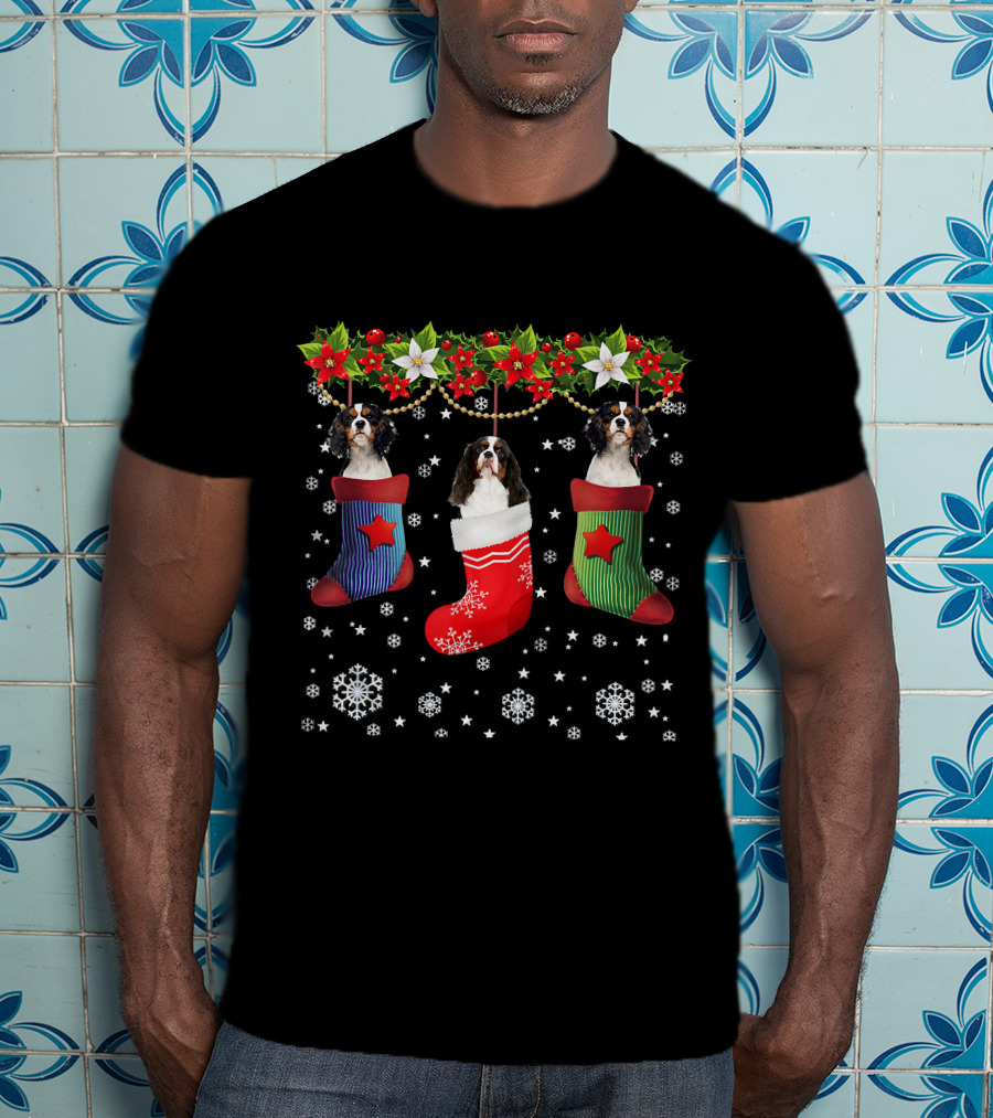 Three Cavalier Dogs In Christmas Stocking Santa Socks T-Shirt