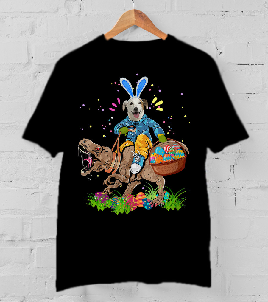Bunny Jack Russell Dog Riding T-Rex Dinosaur With Colorful Easter Eggs T-Shirt