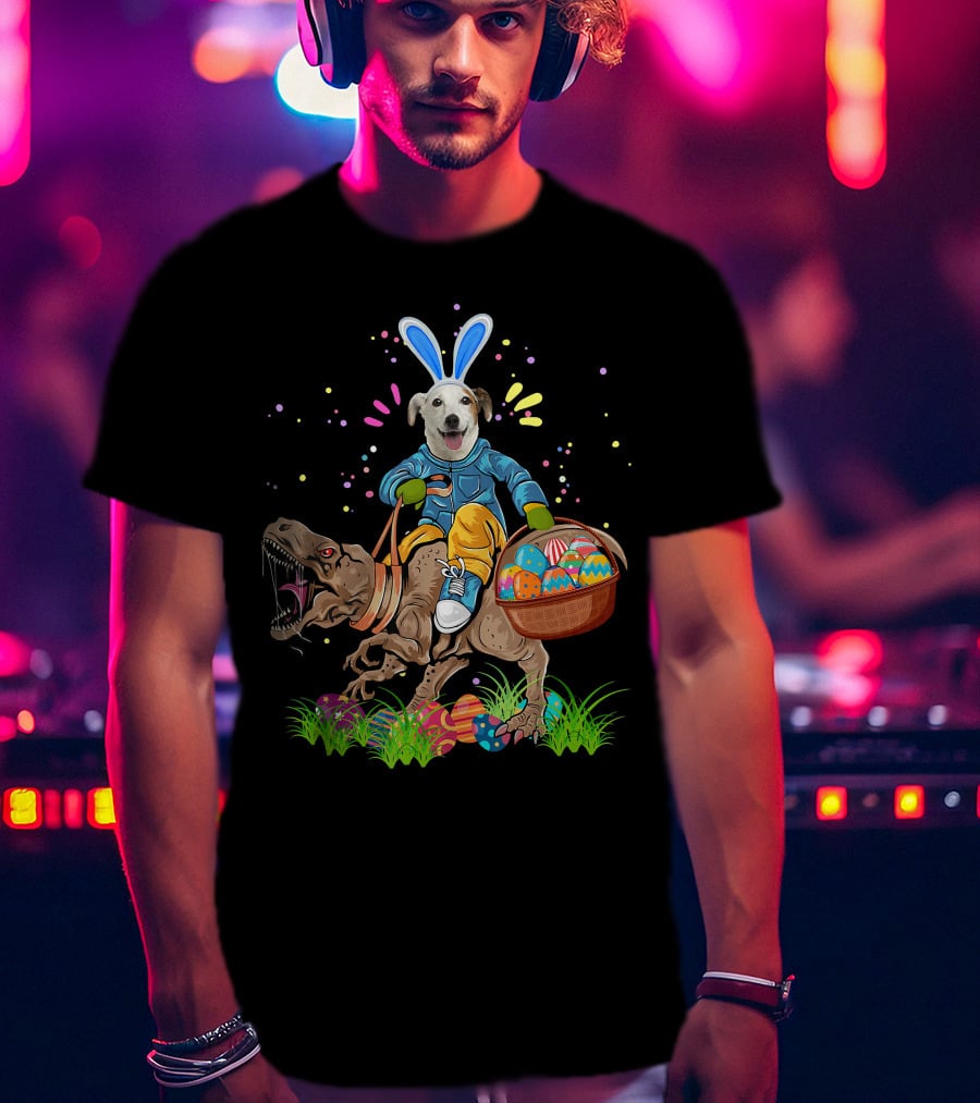 Bunny Jack Russell Dog Riding T-Rex Dinosaur With Colorful Easter Eggs T-Shirt