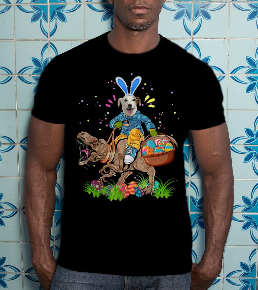 Bunny Jack Russell Dog Riding T-Rex Dinosaur With Colorful Easter Eggs T-Shirt