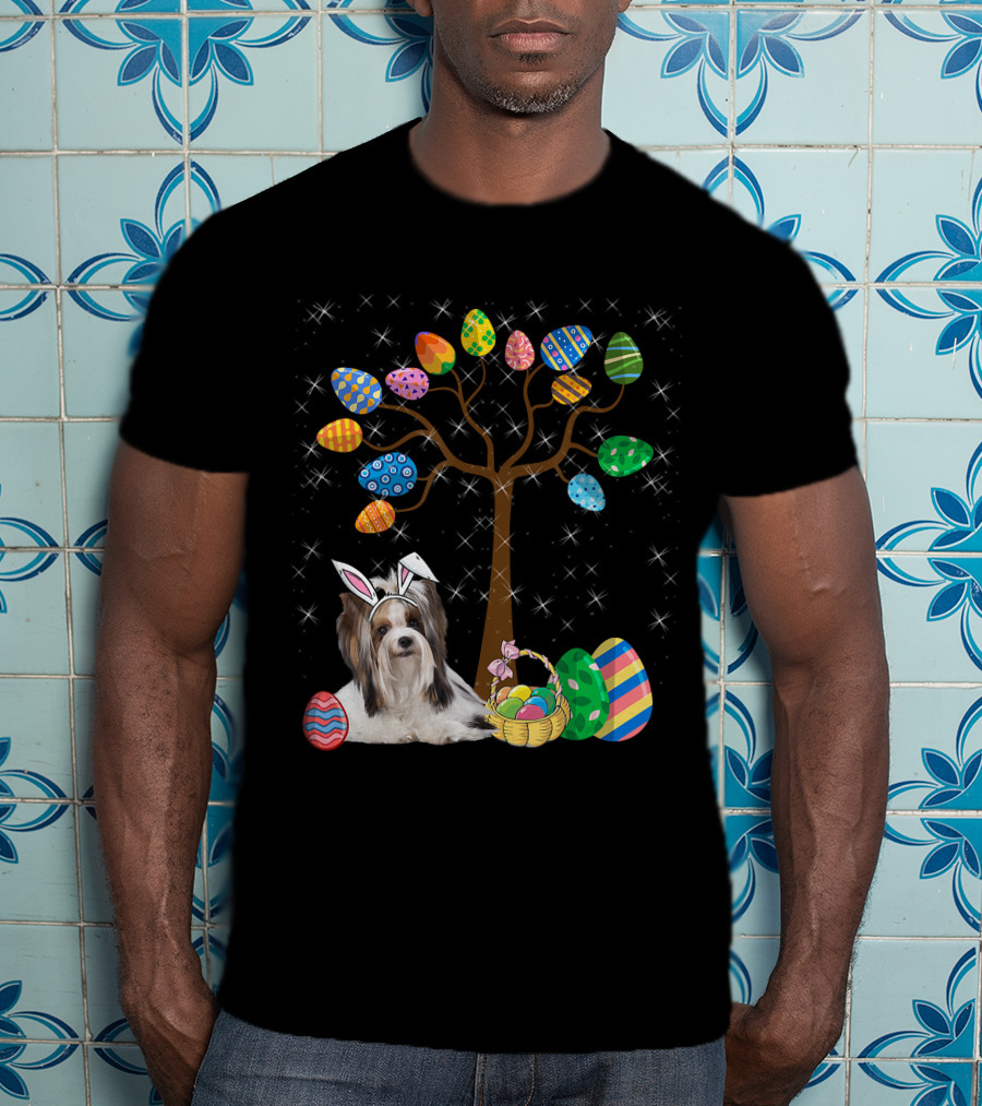 Shih Tzu Dog With Easter Egg Tree And Basket Hunt Day T-Shirt
