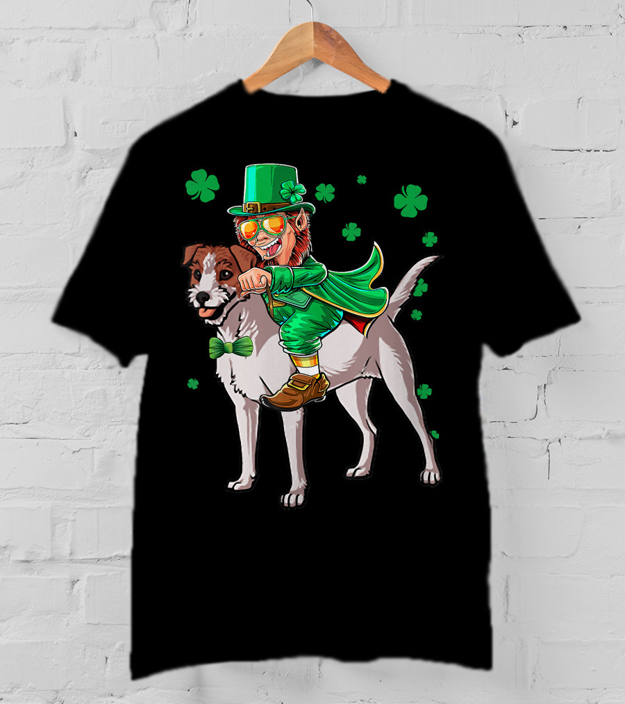 Leprechaun Jack Russell Terrier Riding Shamrock Luck T-Shirt