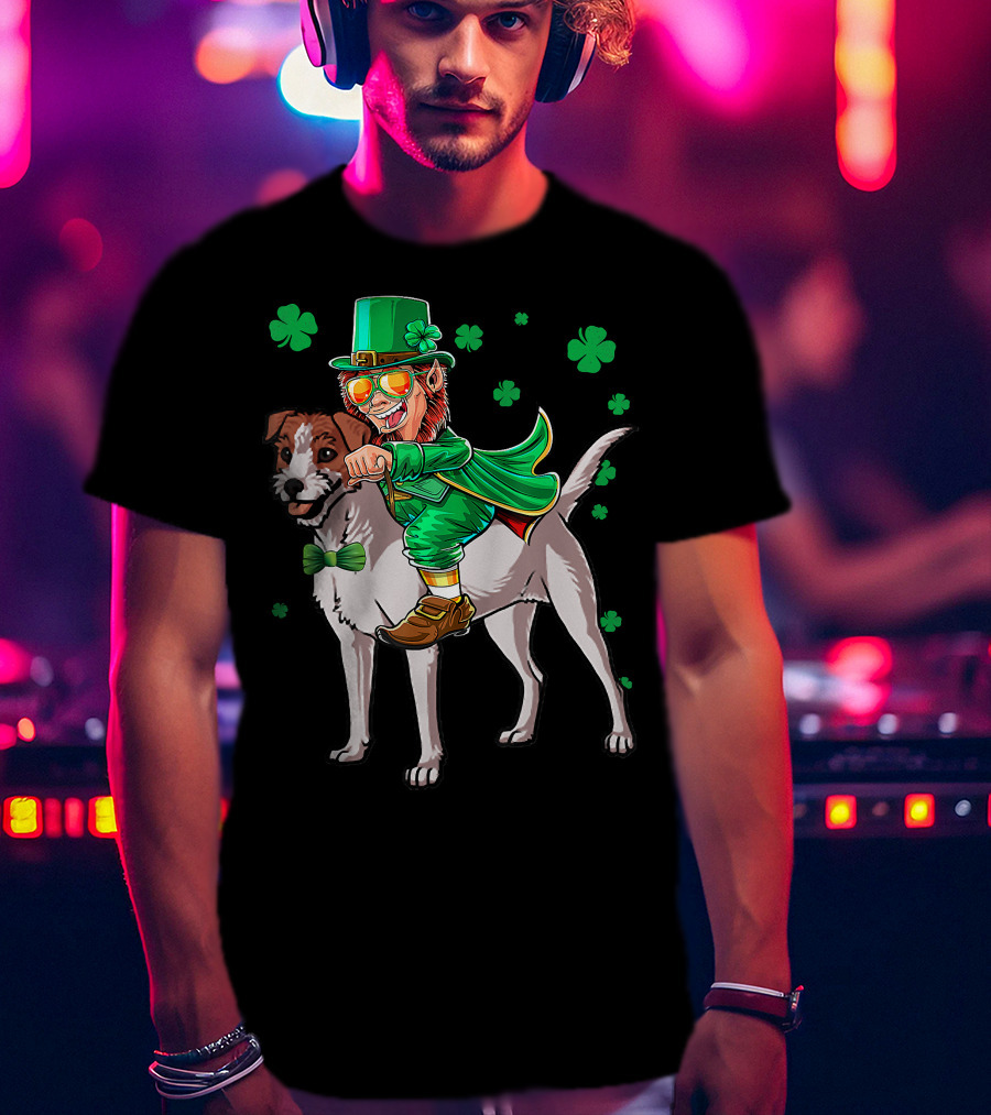 Leprechaun Jack Russell Terrier Riding Shamrock Luck T-Shirt