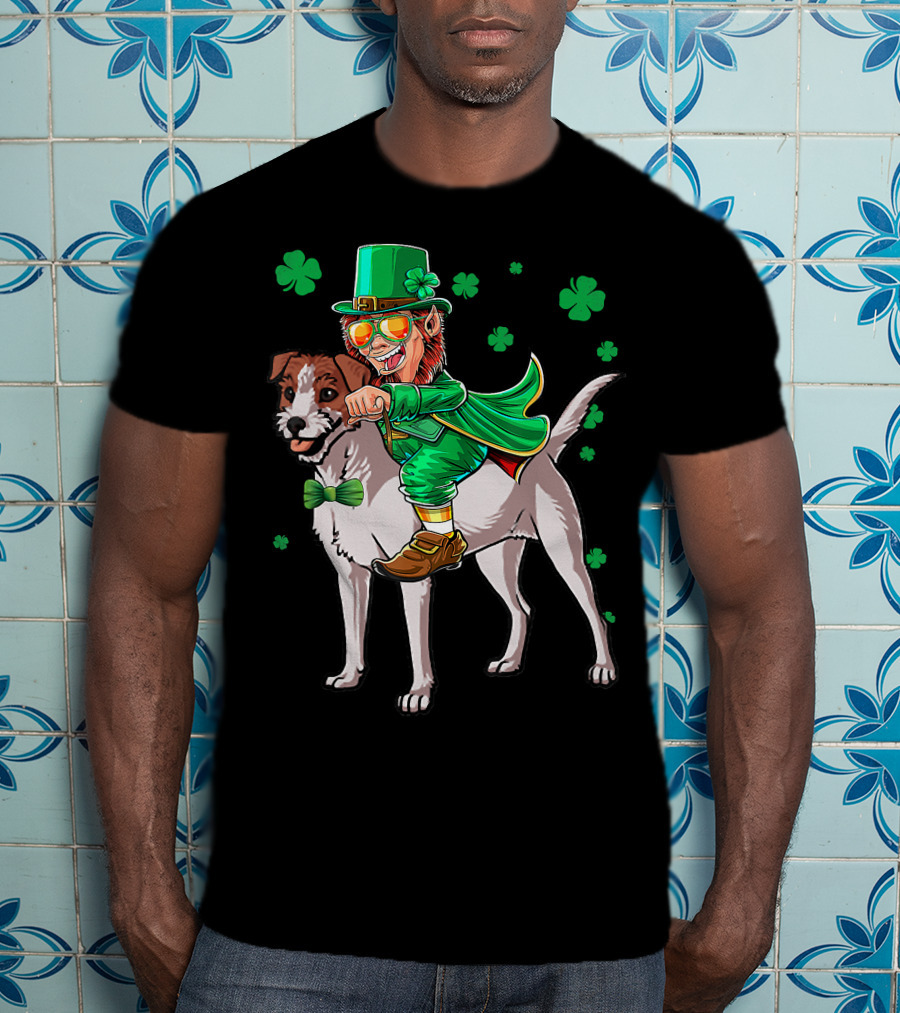 Leprechaun Jack Russell Terrier Riding Shamrock Luck T-Shirt
