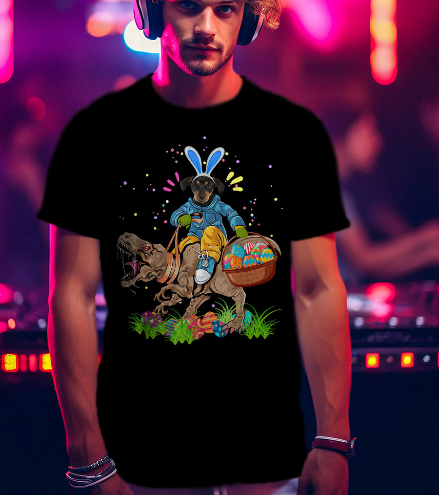 Bunny Rottweiler Dog Riding Rex Dinosaur With Easter Basket T-Shirt
