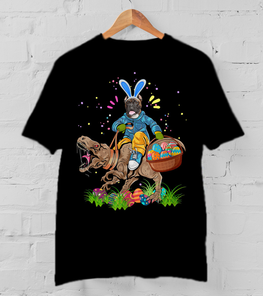 Bunny Boxer Dog Riding Rex Dinosaur With Easter Eggs Basket T-Shirt