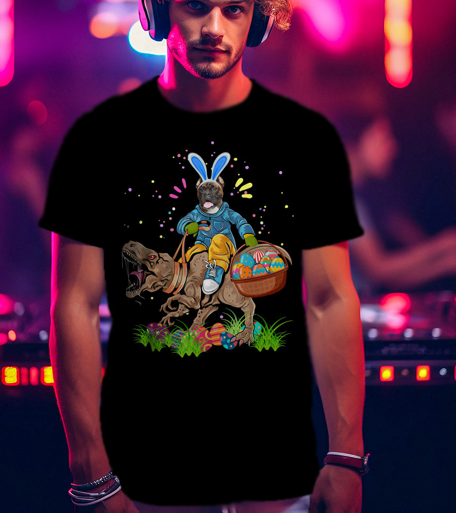 Bunny Boxer Dog Riding Rex Dinosaur With Easter Eggs Basket T-Shirt