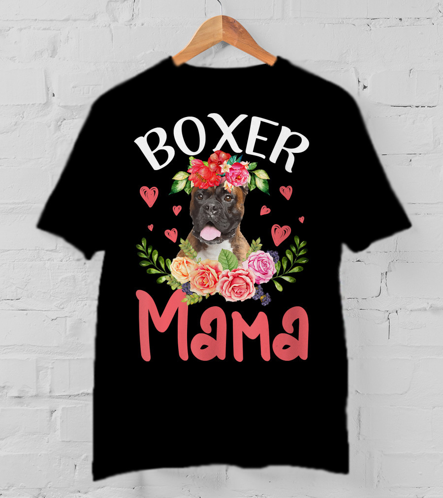Boxer Mama Floral Dog Heart Blossoms T-Shirt
