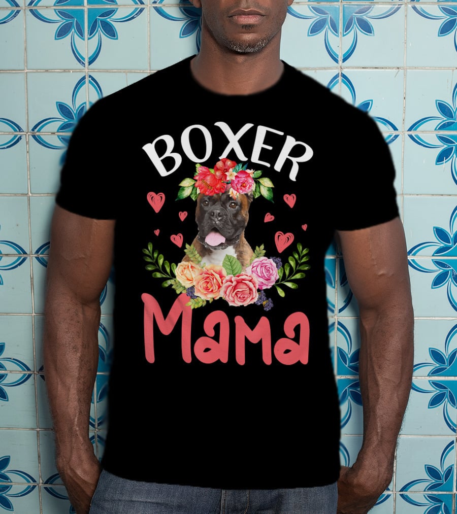 Boxer Mama Floral Dog Heart Blossoms T-Shirt