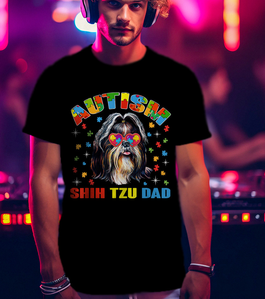 Autism Awareness Cute Shih Tzu Dog Dad With Puzzle Heart Glasses T-Shirt