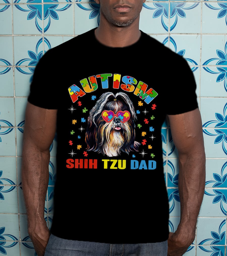 Autism Awareness Cute Shih Tzu Dog Dad With Puzzle Heart Glasses T-Shirt