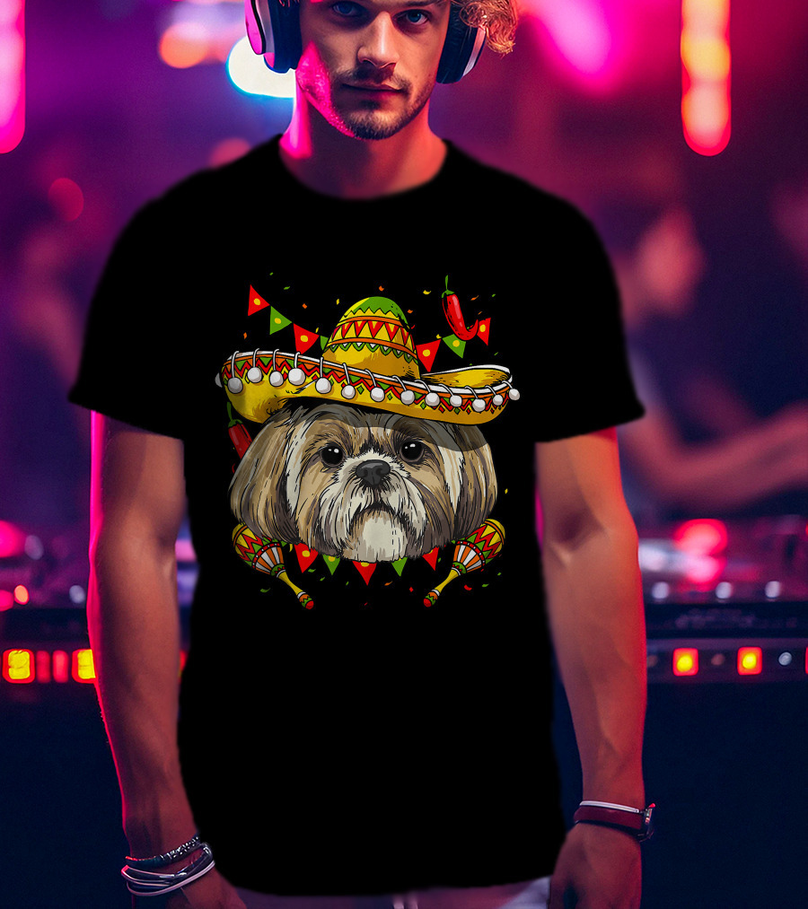 Cinco De Mayo Shih Tzu Sombrero Maracas Chili Peppers Fiesta T-Shirt