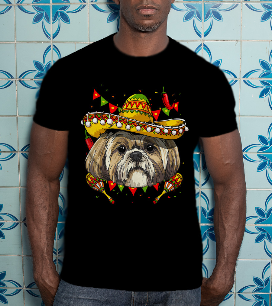 Cinco De Mayo Shih Tzu Sombrero Maracas Chili Peppers Fiesta T-Shirt