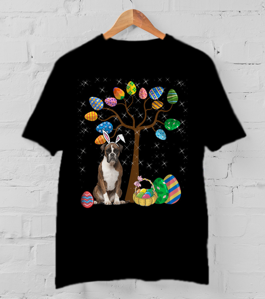 Boxer Dog With Easter Egg Tree And Bunny Ears For Easter Day T-Shirt