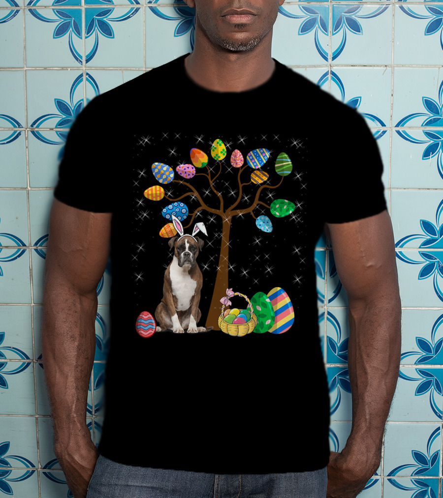 Boxer Dog With Easter Egg Tree And Bunny Ears For Easter Day T-Shirt