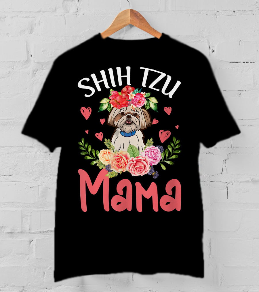 Shih Tzu Mama With Floral Heart Accents T-Shirt