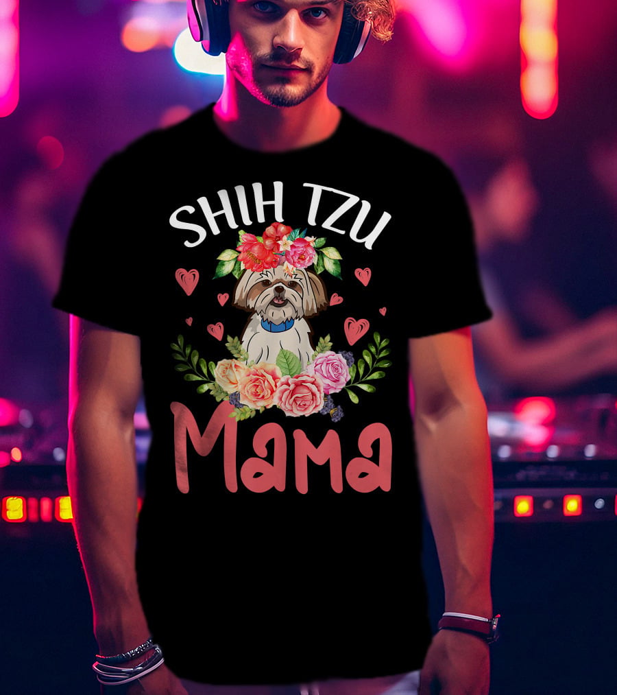 Shih Tzu Mama With Floral Heart Accents T-Shirt