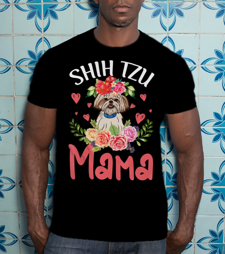 Shih Tzu Mama With Floral Heart Accents T-Shirt