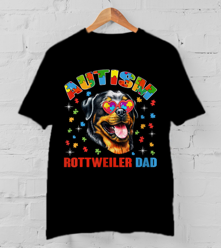 Autism Rottweiler Dad Colorful Puzzle Heart Sunglasses T-Shirt
